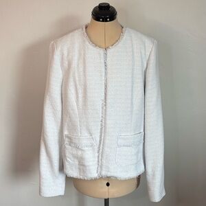 Nanette Lepore White Frayed Edge Open Front Tweed Blazer Jacket, size XL